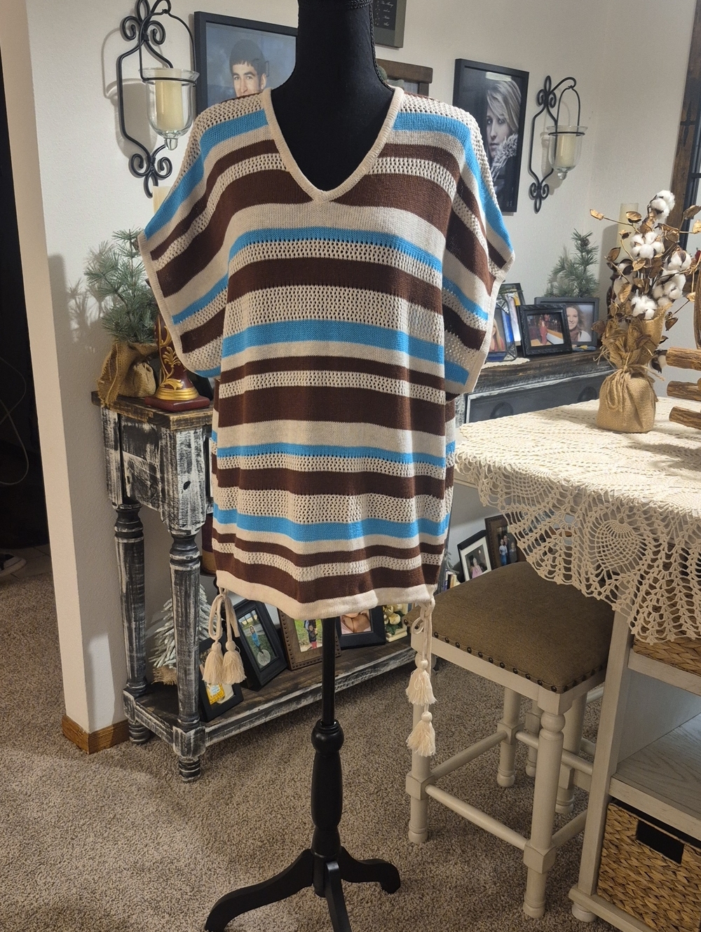 Cato Striped V-Neck Tassel Tunic - Blue, Brown, Cream